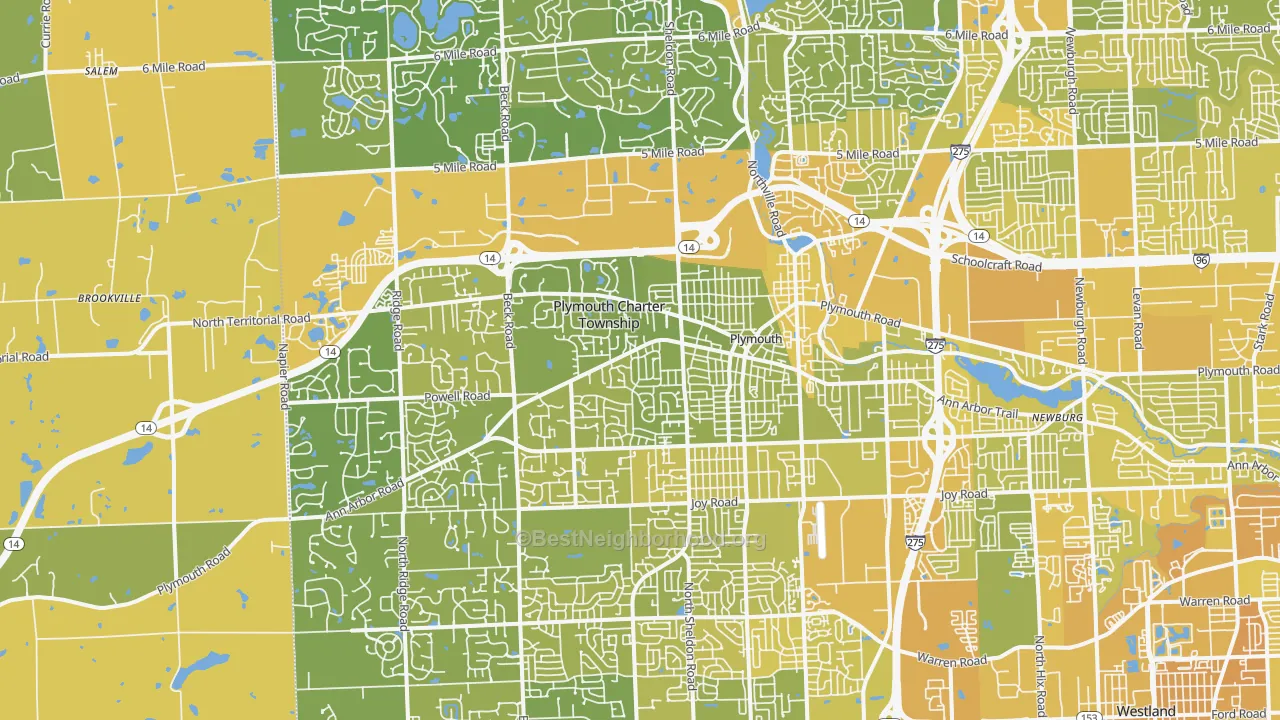 Map of the best neighborhoods in the Plymouth area, with better matches in green and worse matches in red