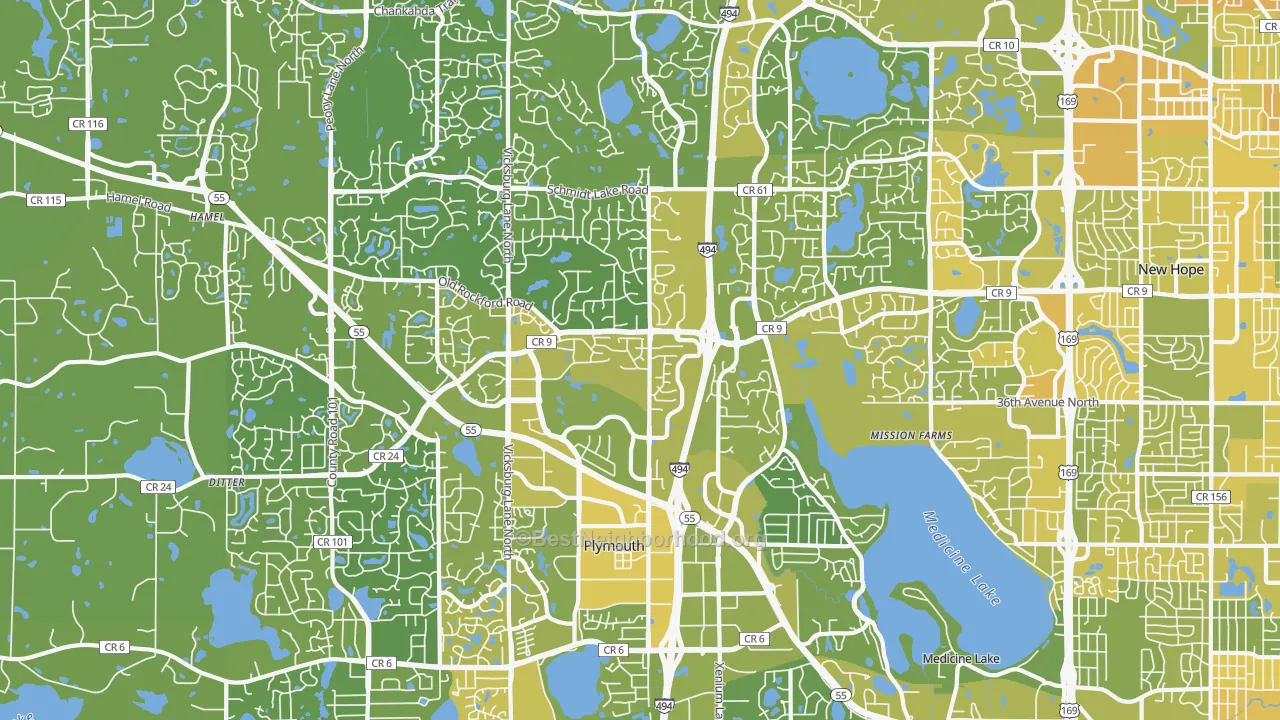 Map of the best neighborhoods in the Plymouth area, with better matches in green and worse matches in red