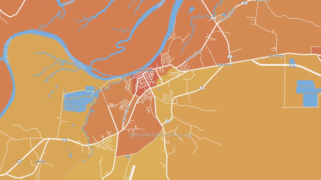 Map of the best neighborhoods in the Plymouth area, with better matches in green and worse matches in red