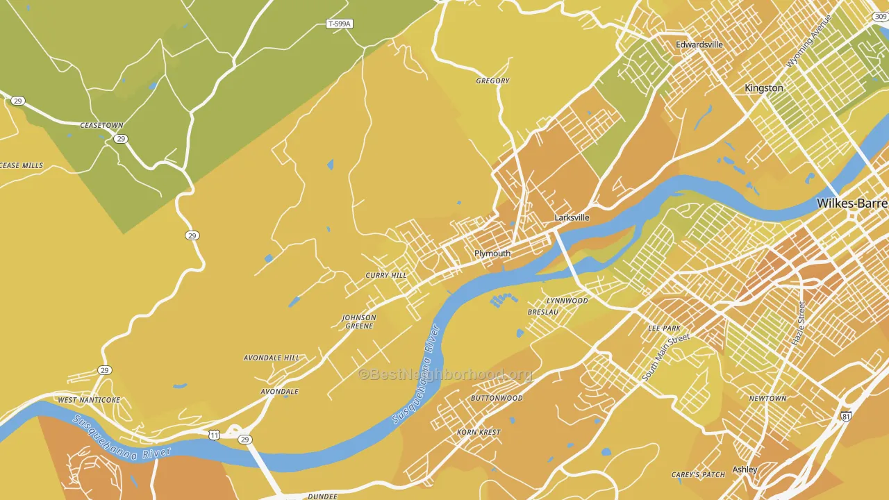 Map of the best neighborhoods in the Plymouth area, with better matches in green and worse matches in red