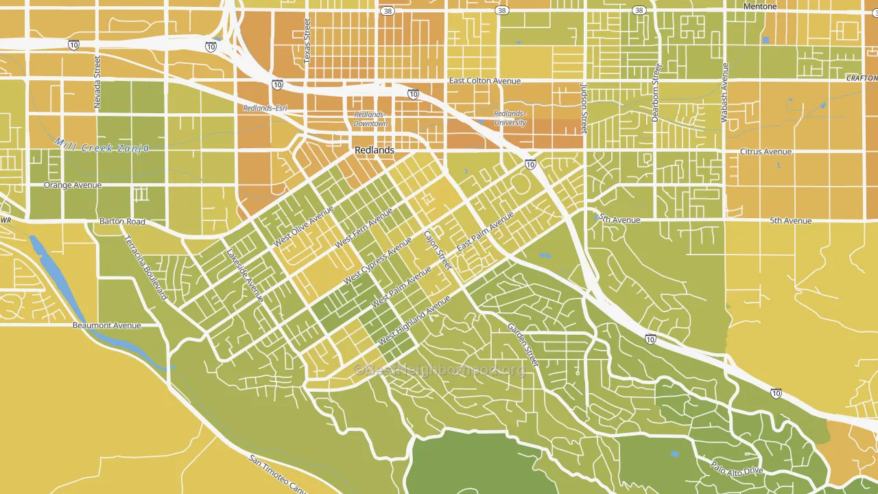 Map of the best neighborhoods in the Plymouth Village, Redlands area, with better matches in green and worse matches in red