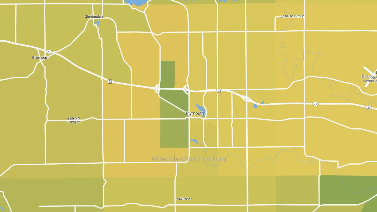Map of the best neighborhoods in the Plymouth area, with better matches in green and worse matches in red