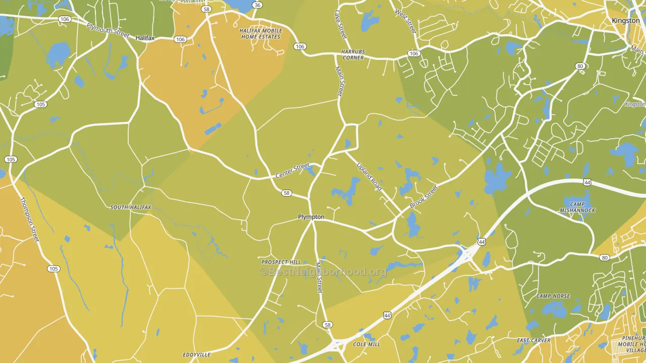 Map of the best neighborhoods in the Plympton area, with better matches in green and worse matches in red