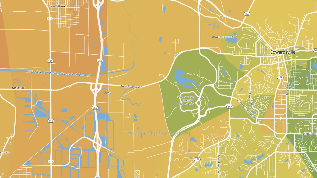 Map of the best neighborhoods in the Poag area, with better matches in green and worse matches in red