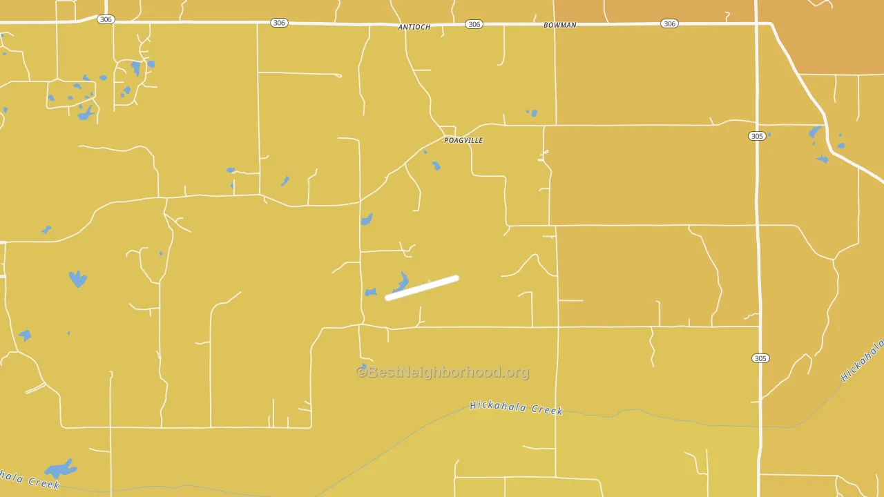 Map of the best neighborhoods in the Poagville area, with better matches in green and worse matches in red