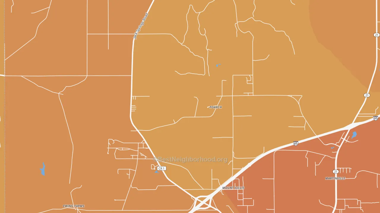 Map of the best neighborhoods in the Poarch area, with better matches in green and worse matches in red