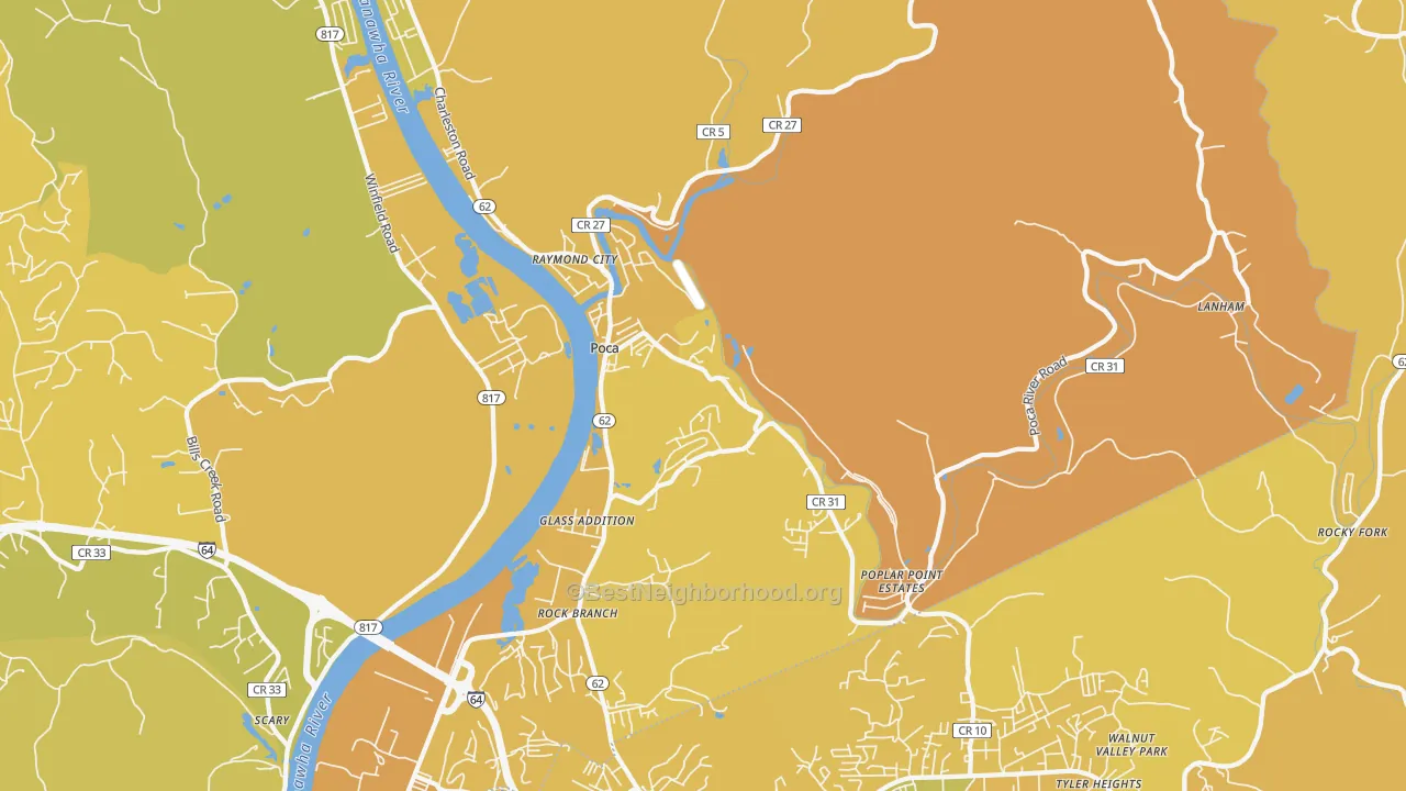 Map of the best neighborhoods in the Poca area, with better matches in green and worse matches in red