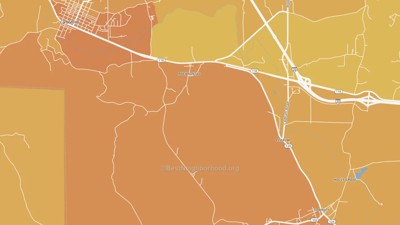 Map of the best neighborhoods in the Pocahontas area, with better matches in green and worse matches in red