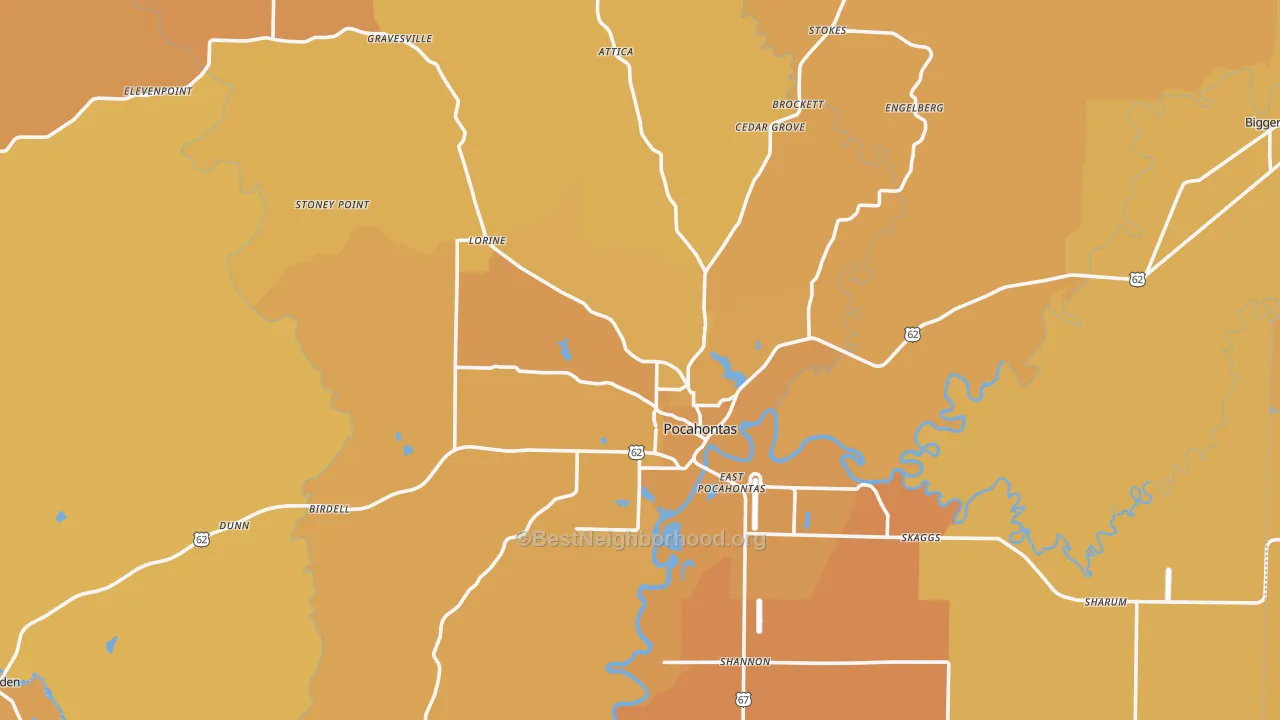 Map of the best neighborhoods in the Pocahontas area, with better matches in green and worse matches in red