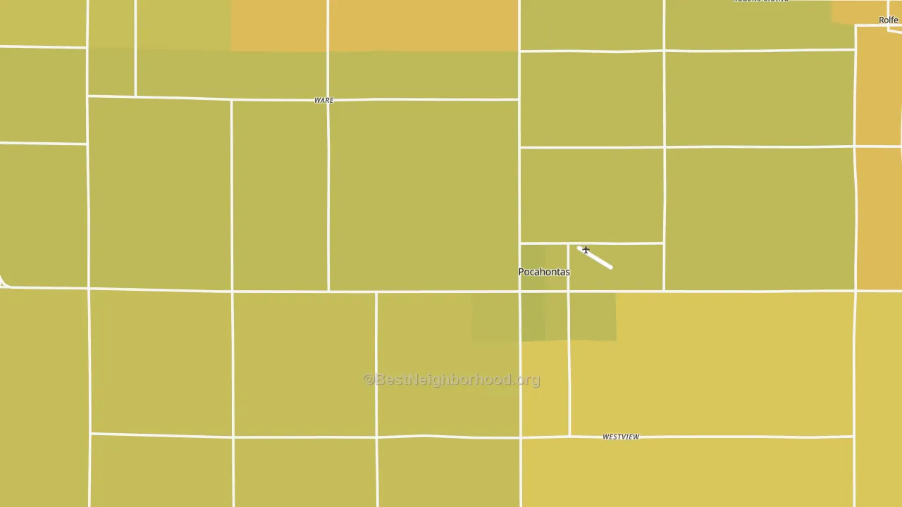 Map of the best neighborhoods in the Pocahontas County area, with better matches in green and worse matches in red