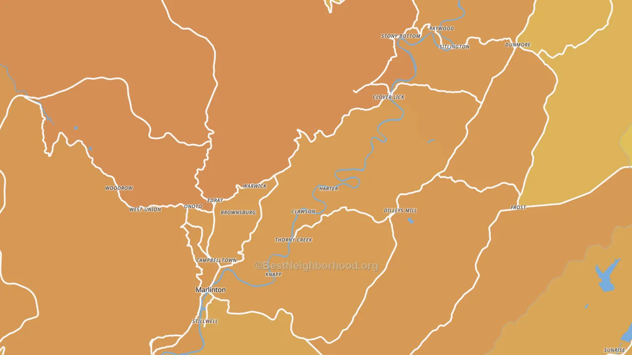 Map of the best neighborhoods in the Pocahontas County area, with better matches in green and worse matches in red