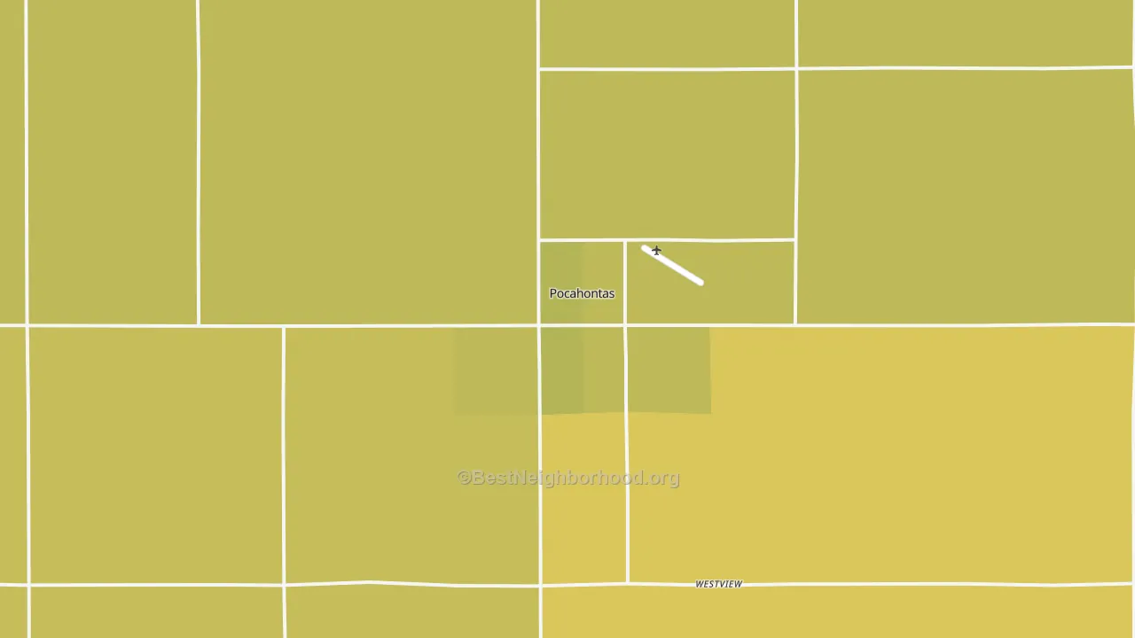 Map of the best neighborhoods in the Pocahontas area, with better matches in green and worse matches in red