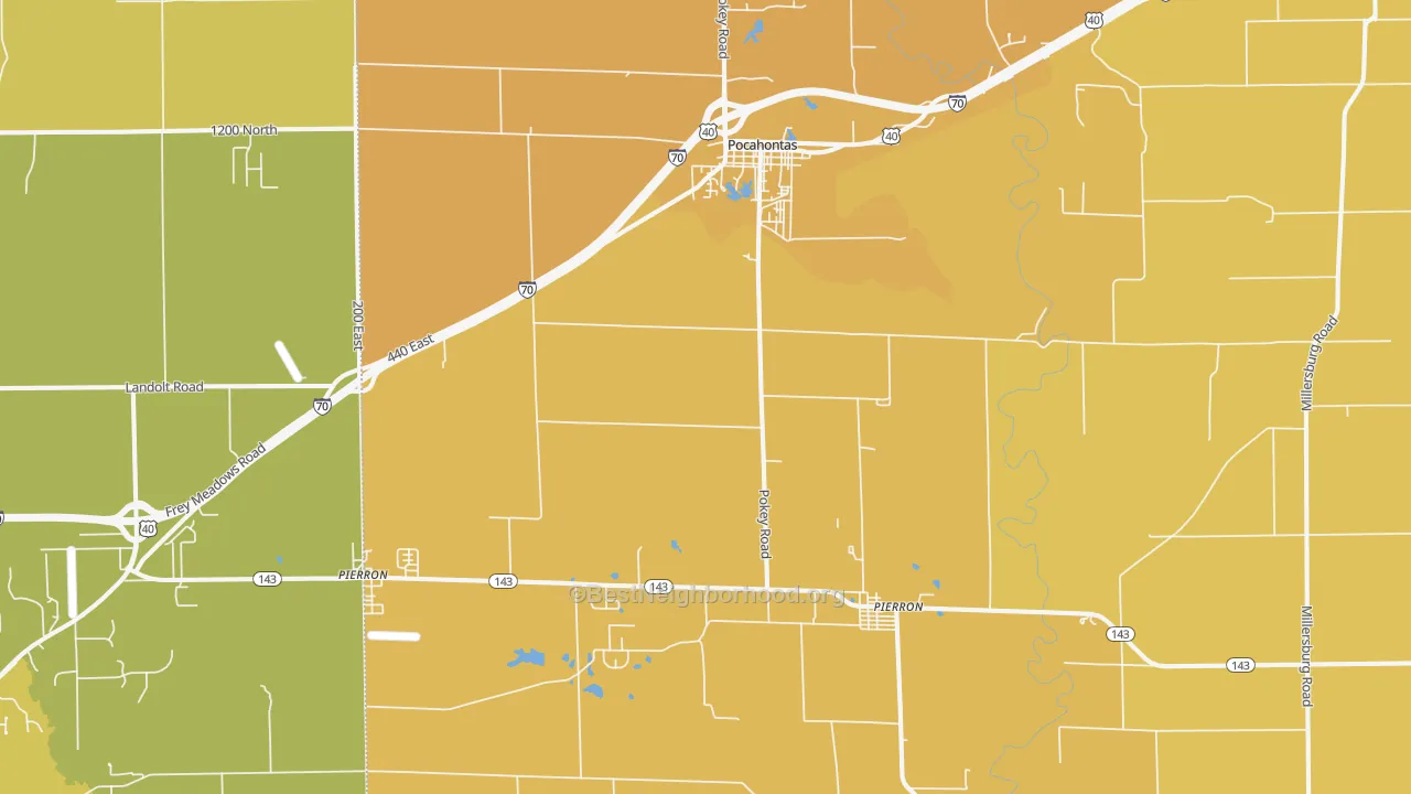 Map of the best neighborhoods in the Pocahontas area, with better matches in green and worse matches in red