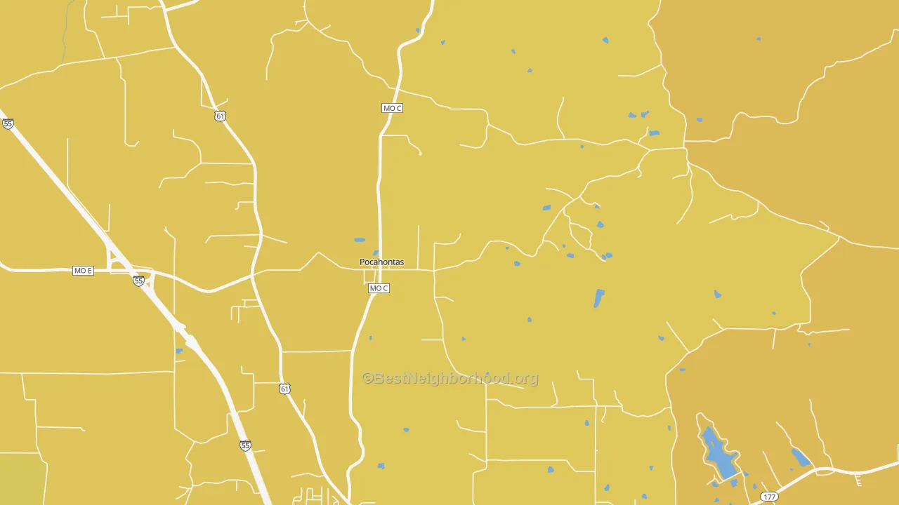 Map of the best neighborhoods in the Pocahontas area, with better matches in green and worse matches in red
