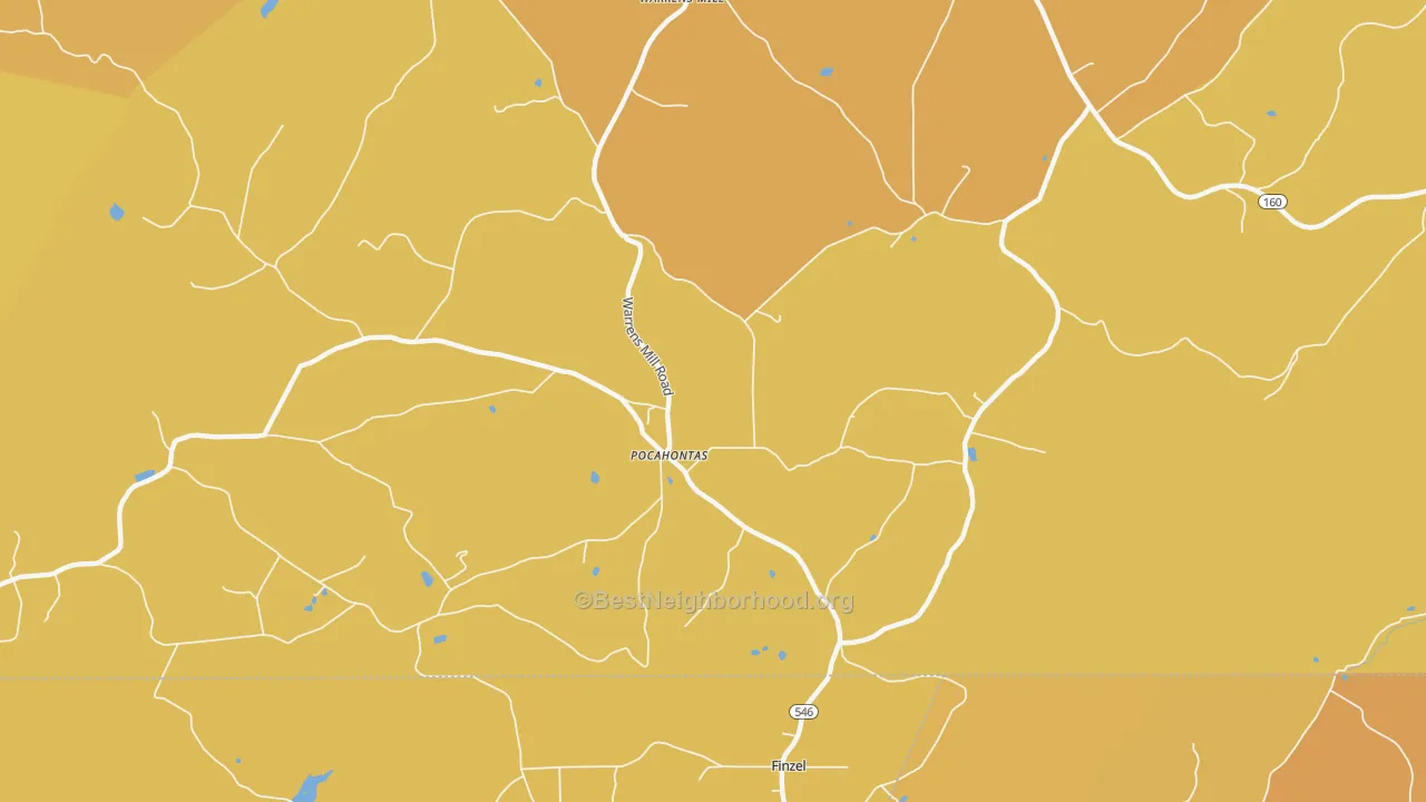 Map of the best neighborhoods in the Pocahontas area, with better matches in green and worse matches in red