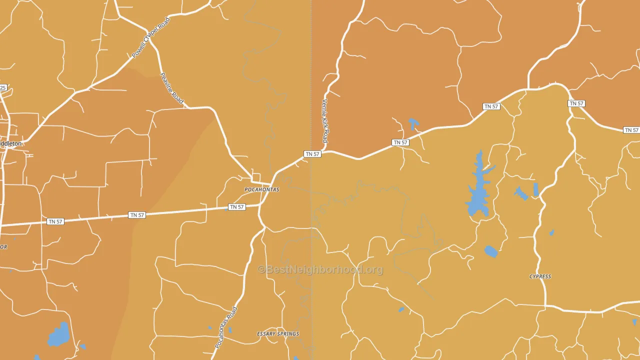 Map of the best neighborhoods in the Pocahontas area, with better matches in green and worse matches in red