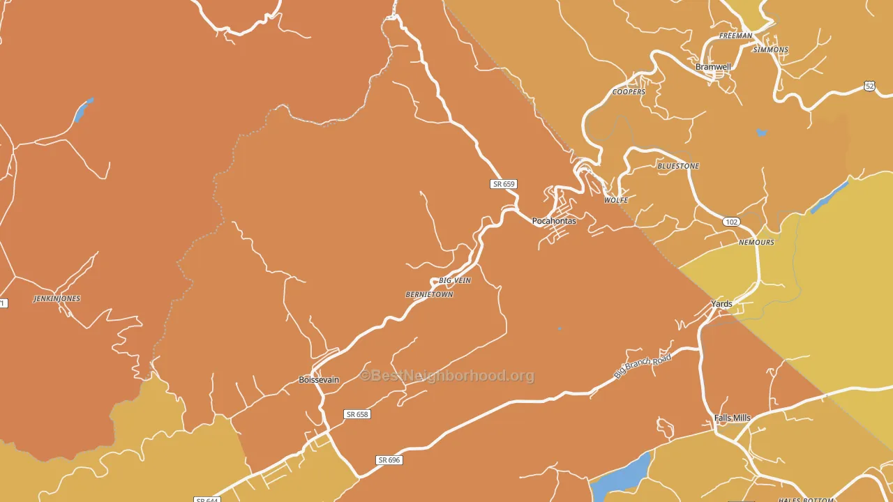 Map of the best neighborhoods in the Pocahontas area, with better matches in green and worse matches in red