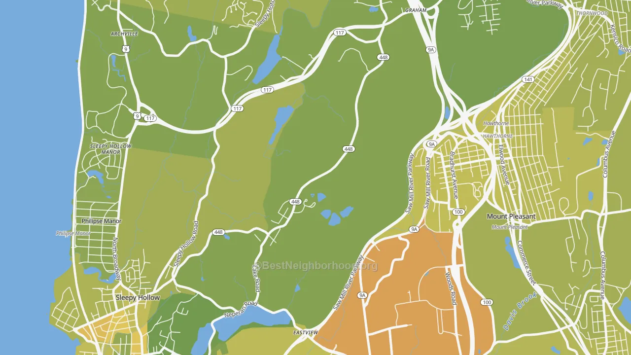 Map of the best neighborhoods in the Pocantico Hills area, with better matches in green and worse matches in red