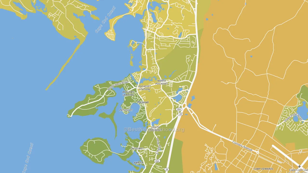 Map of the best neighborhoods in the Pocasset area, with better matches in green and worse matches in red