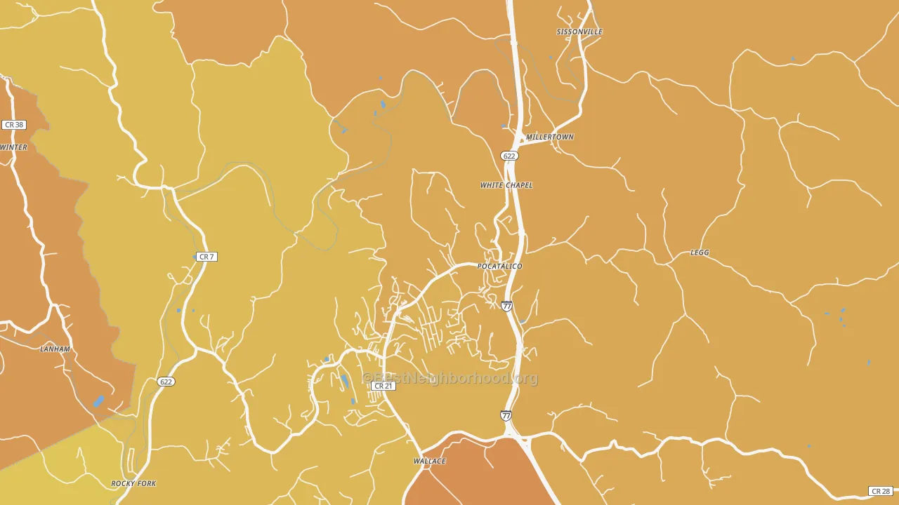 Map of the best neighborhoods in the Pocatalico area, with better matches in green and worse matches in red