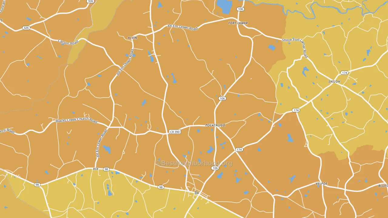 Map of the best neighborhoods in the Pocataligo area, with better matches in green and worse matches in red