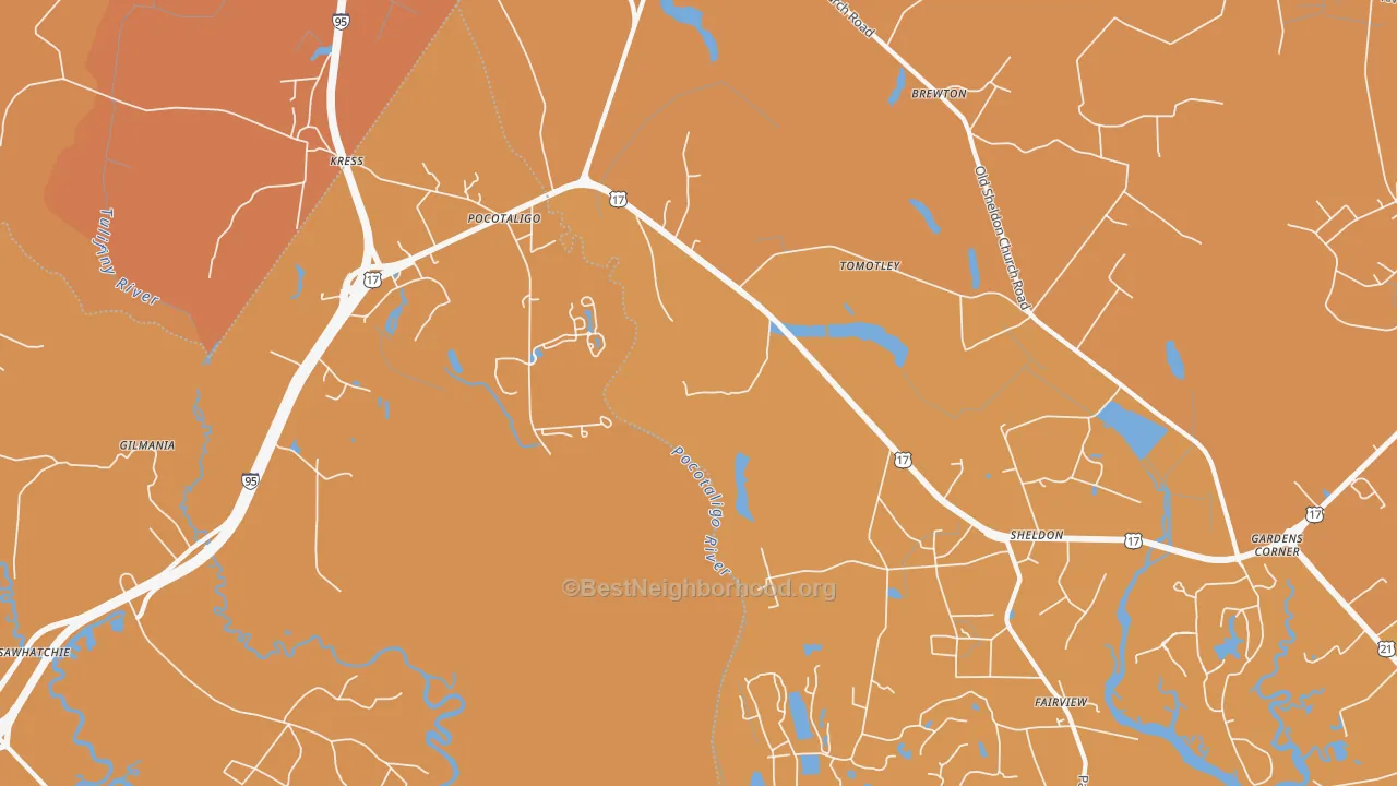 Map of the best neighborhoods in the Pocataligo area, with better matches in green and worse matches in red