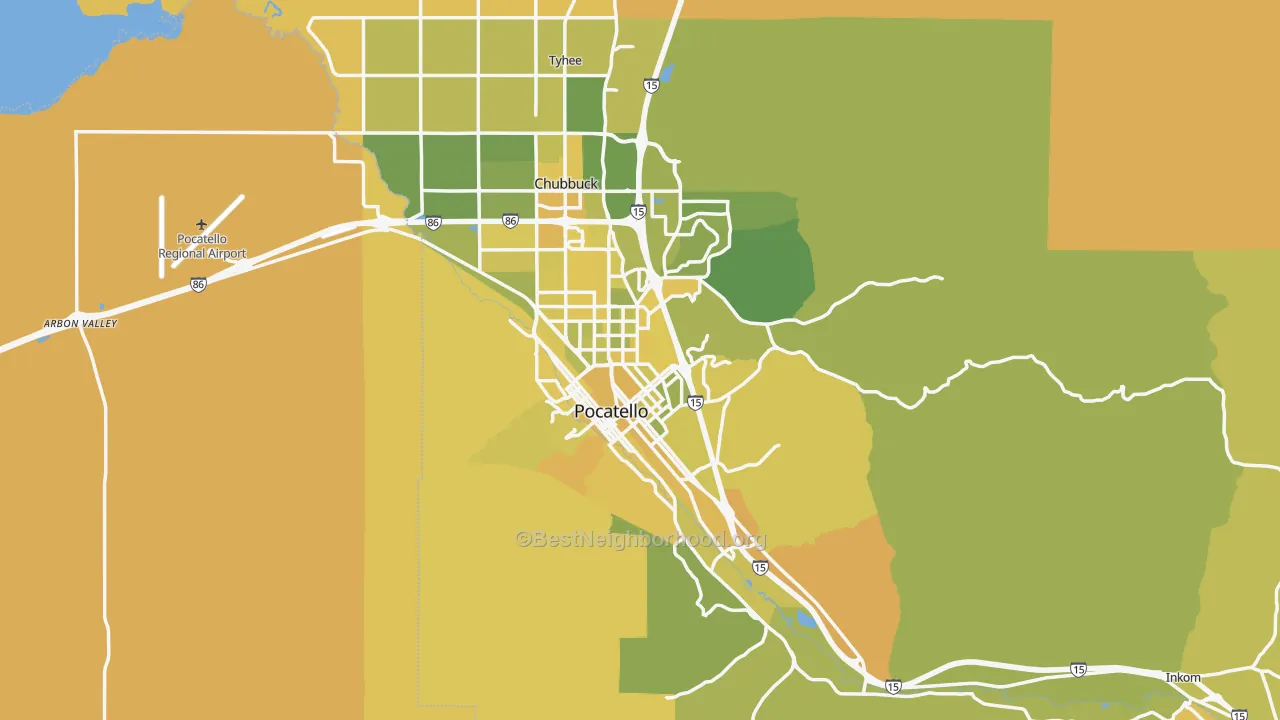 Map of the best neighborhoods in the Pocatello Metro area, with better matches in green and worse matches in red