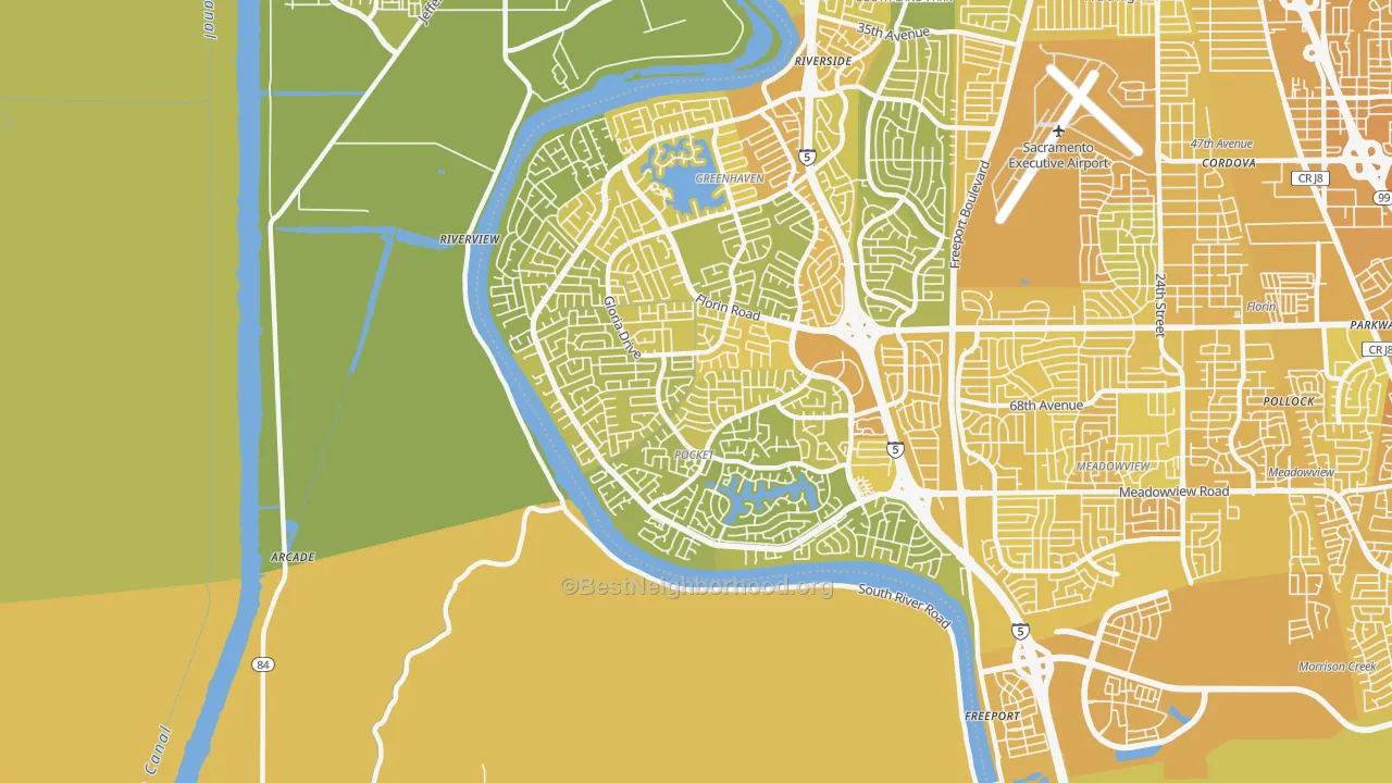 Map of the best neighborhoods in the Pocket, Sacramento area, with better matches in green and worse matches in red