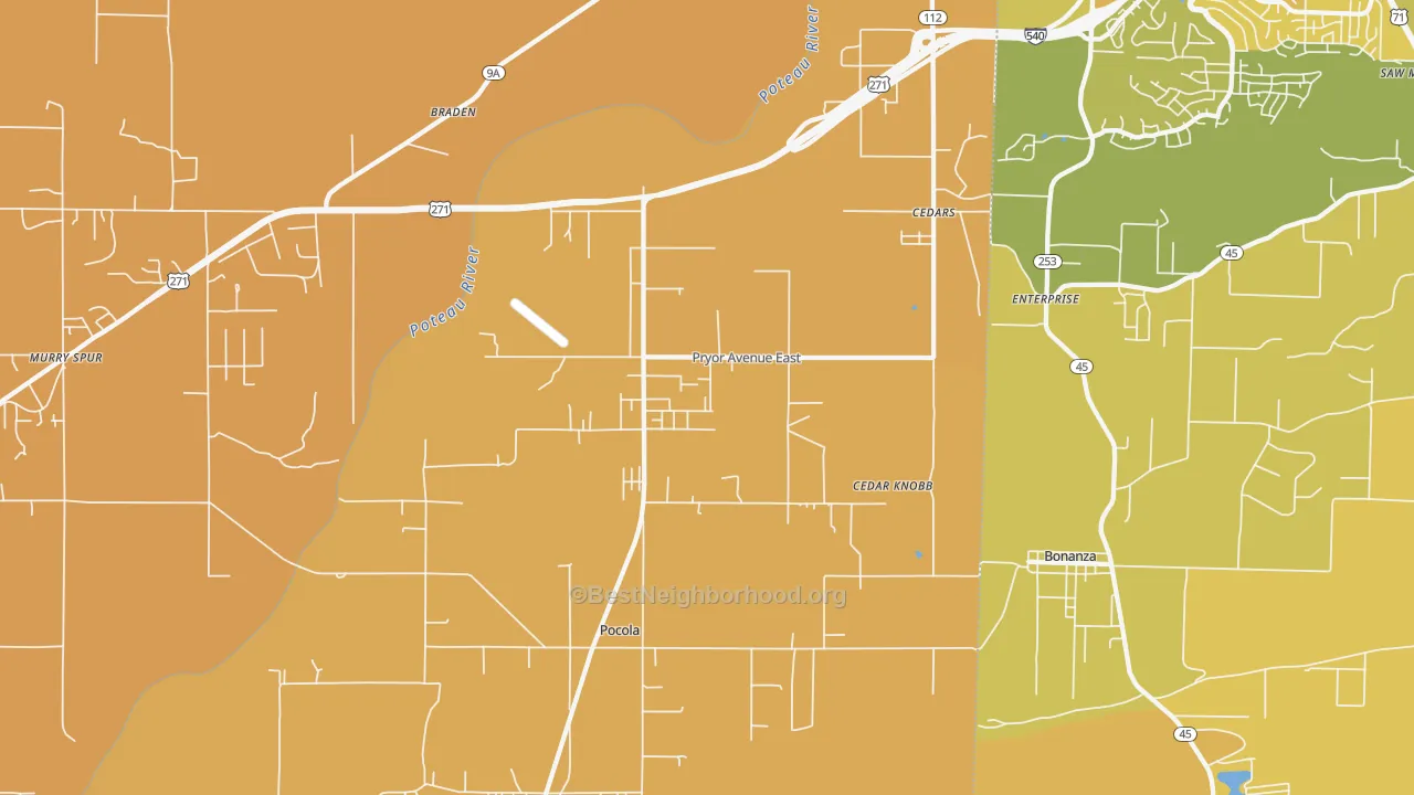 Map of the best neighborhoods in the Pocola area, with better matches in green and worse matches in red