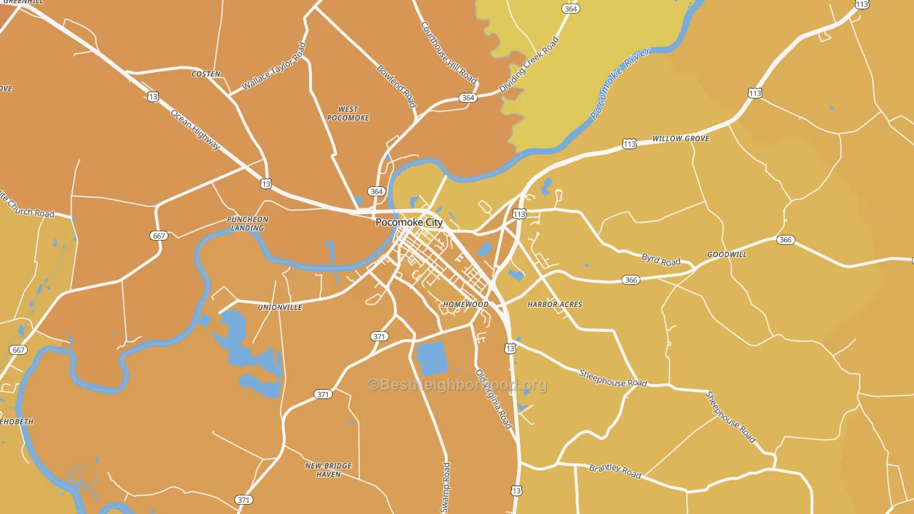 Map of the best neighborhoods in the Pocomoke City area, with better matches in green and worse matches in red