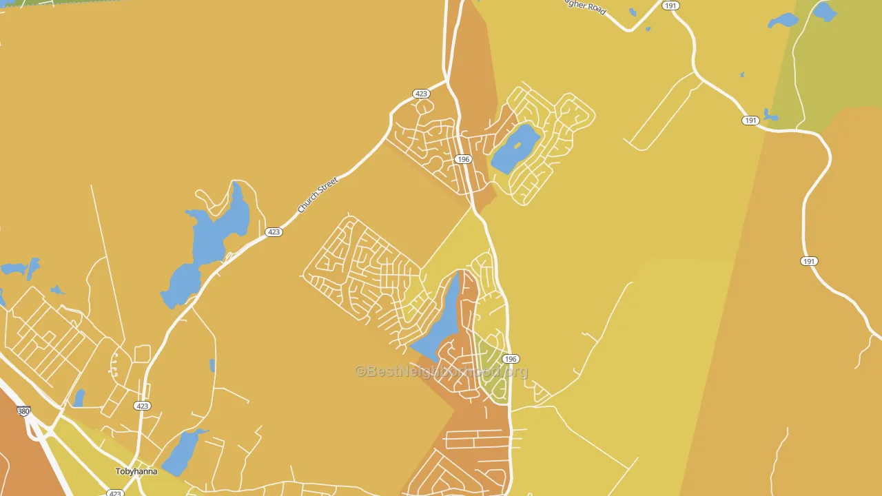 Map of the best neighborhoods in the Pocono Country Place, Tobyhanna area, with better matches in green and worse matches in red