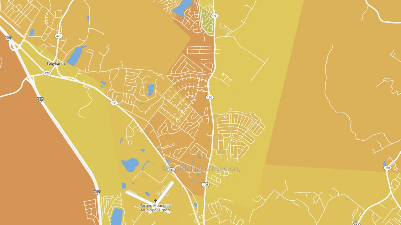 Map of the best neighborhoods in the Pocono Farms, Tobyhanna area, with better matches in green and worse matches in red