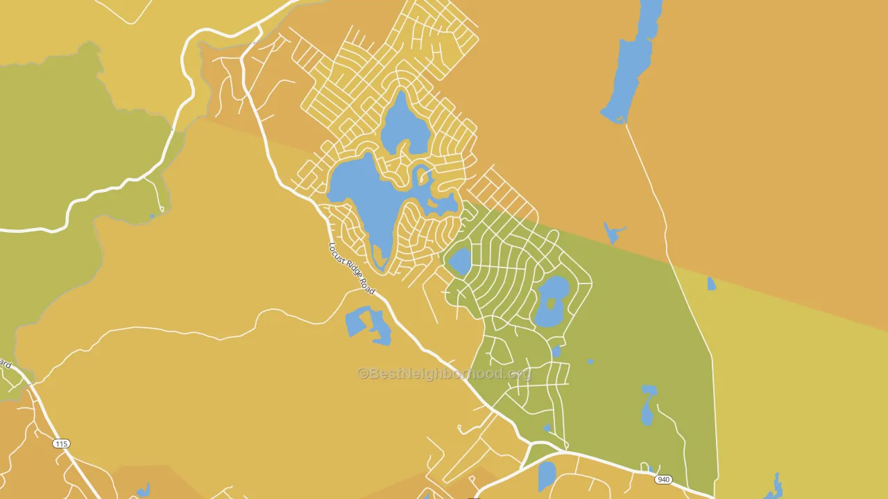 Map of the best neighborhoods in the Pocono Lake area, with better matches in green and worse matches in red
