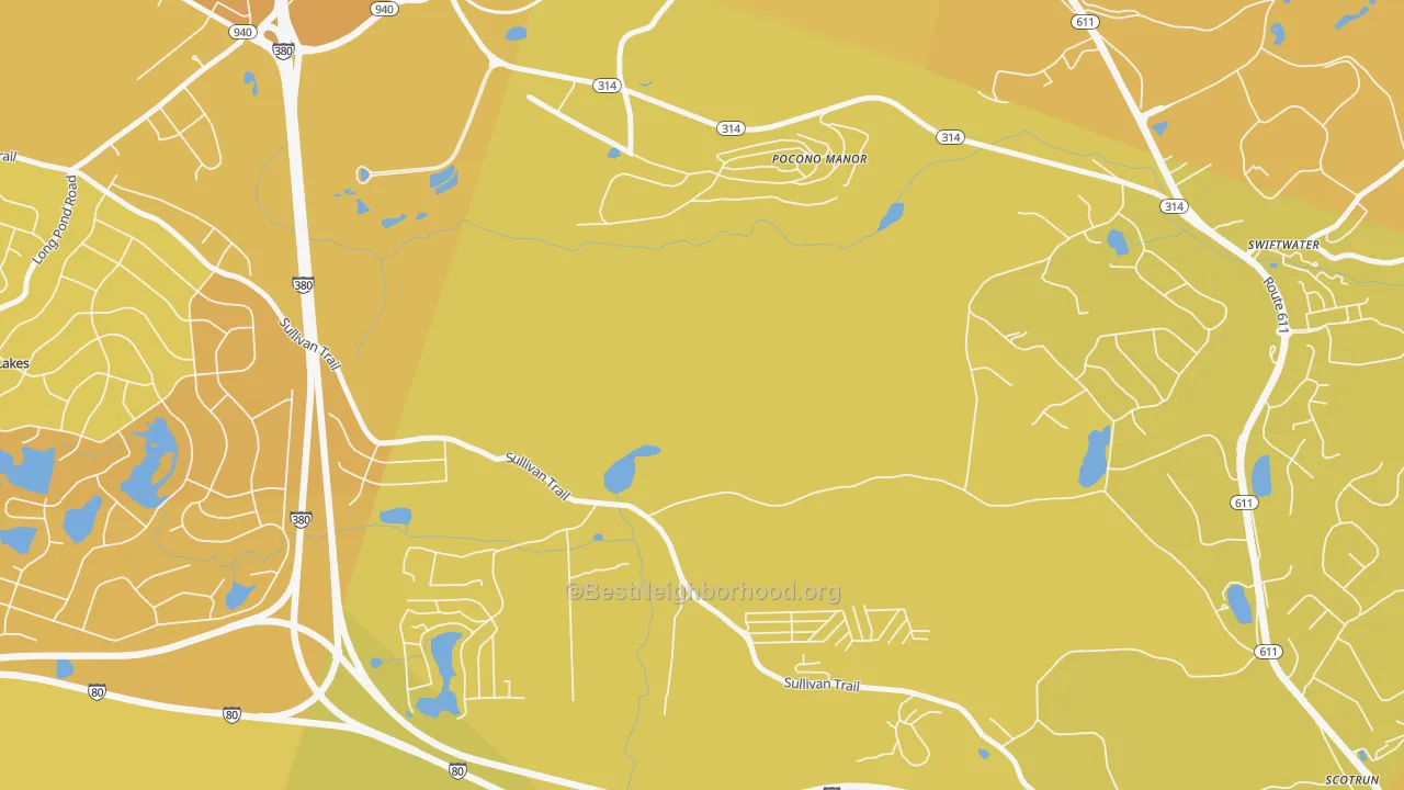 Map of the best neighborhoods in the Pocono Manor area, with better matches in green and worse matches in red