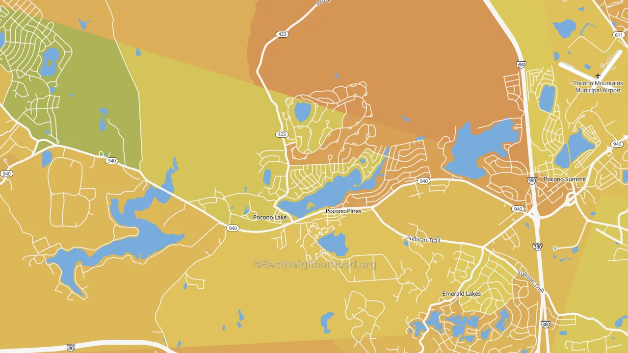 Map of the best neighborhoods in the Pocono Pines area, with better matches in green and worse matches in red