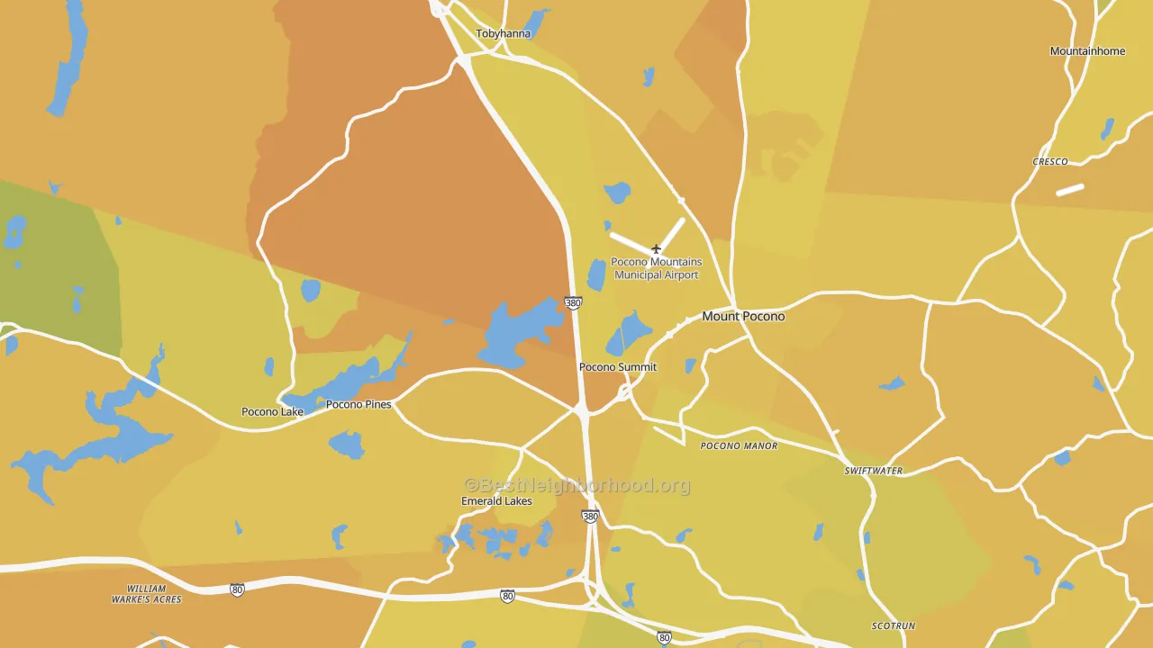 Map of the best neighborhoods in the Pocono Summit area, with better matches in green and worse matches in red