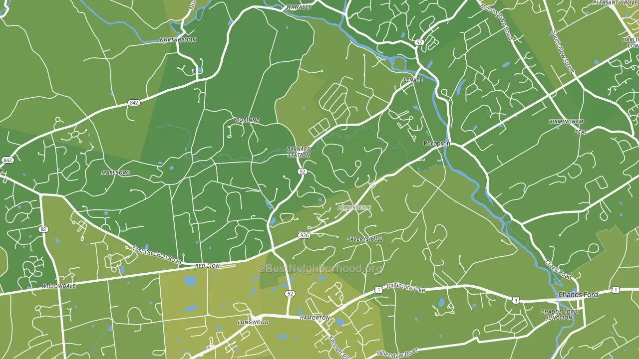 Map of the best neighborhoods in the Pocopson area, with better matches in green and worse matches in red