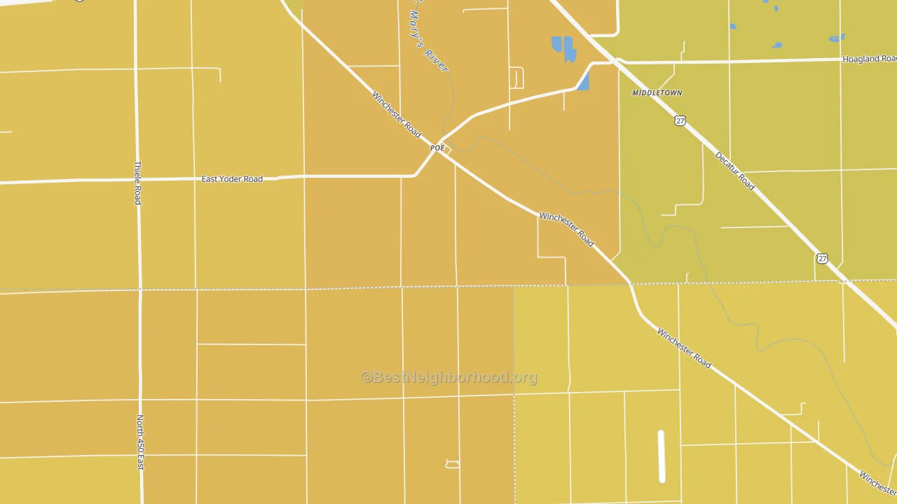 Map of the best neighborhoods in the Poe area, with better matches in green and worse matches in red