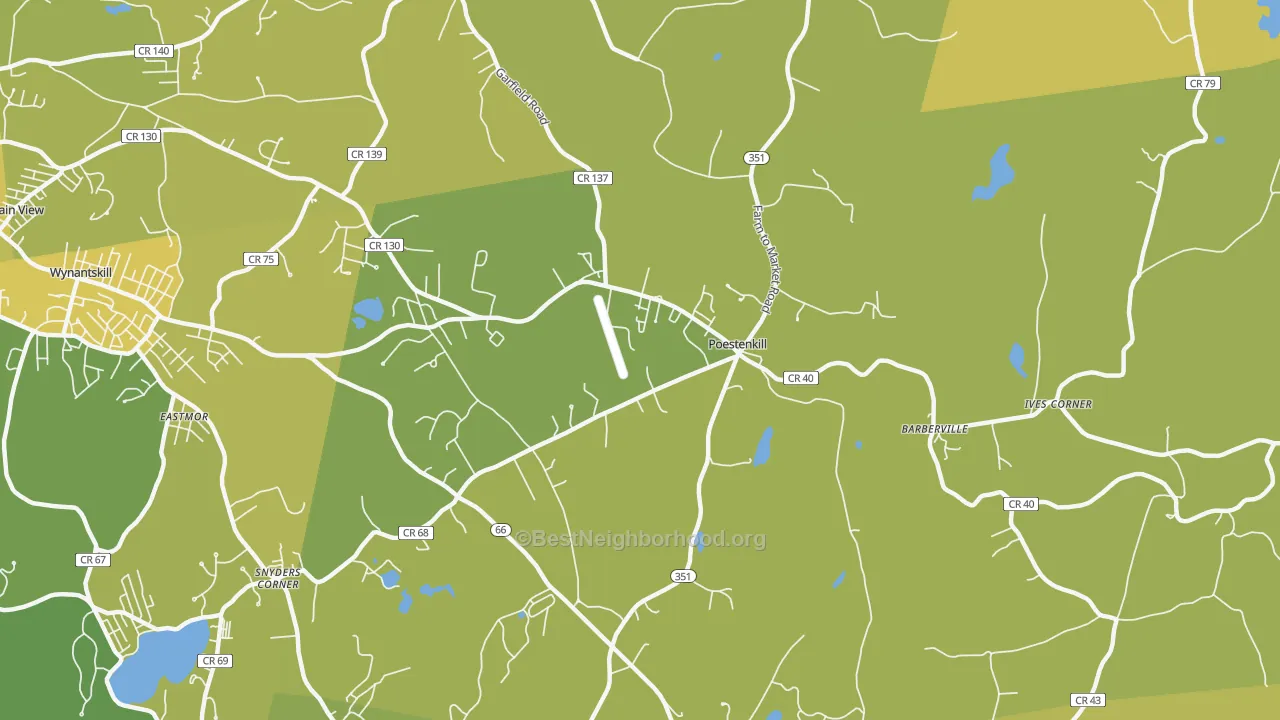 Map of the best neighborhoods in the Poestenkill area, with better matches in green and worse matches in red