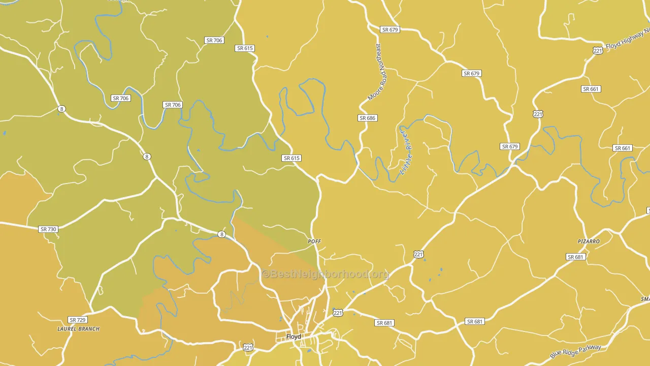 Map of the best neighborhoods in the Poff area, with better matches in green and worse matches in red