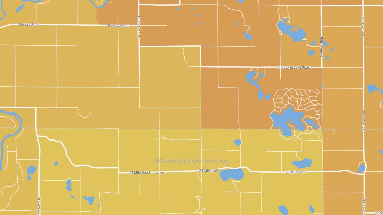 Map of the best neighborhoods in the Pogy area, with better matches in green and worse matches in red