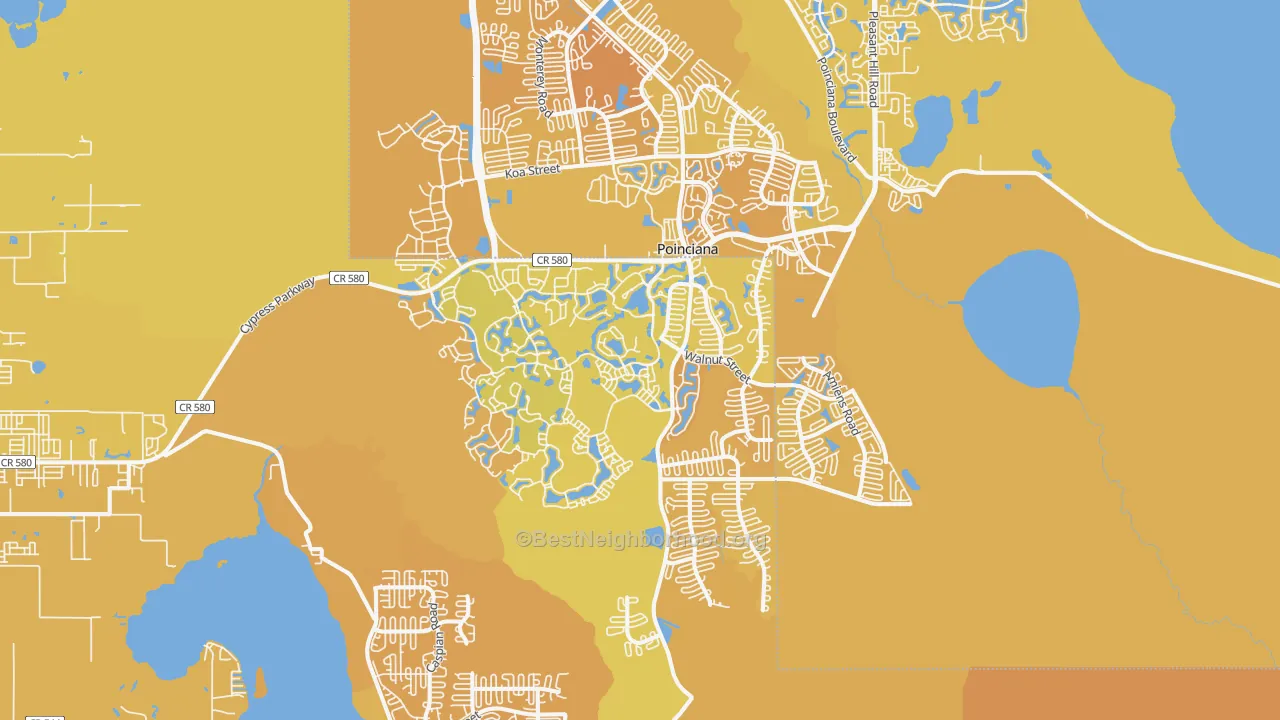Map of the best neighborhoods in the Poinciana area, with better matches in green and worse matches in red