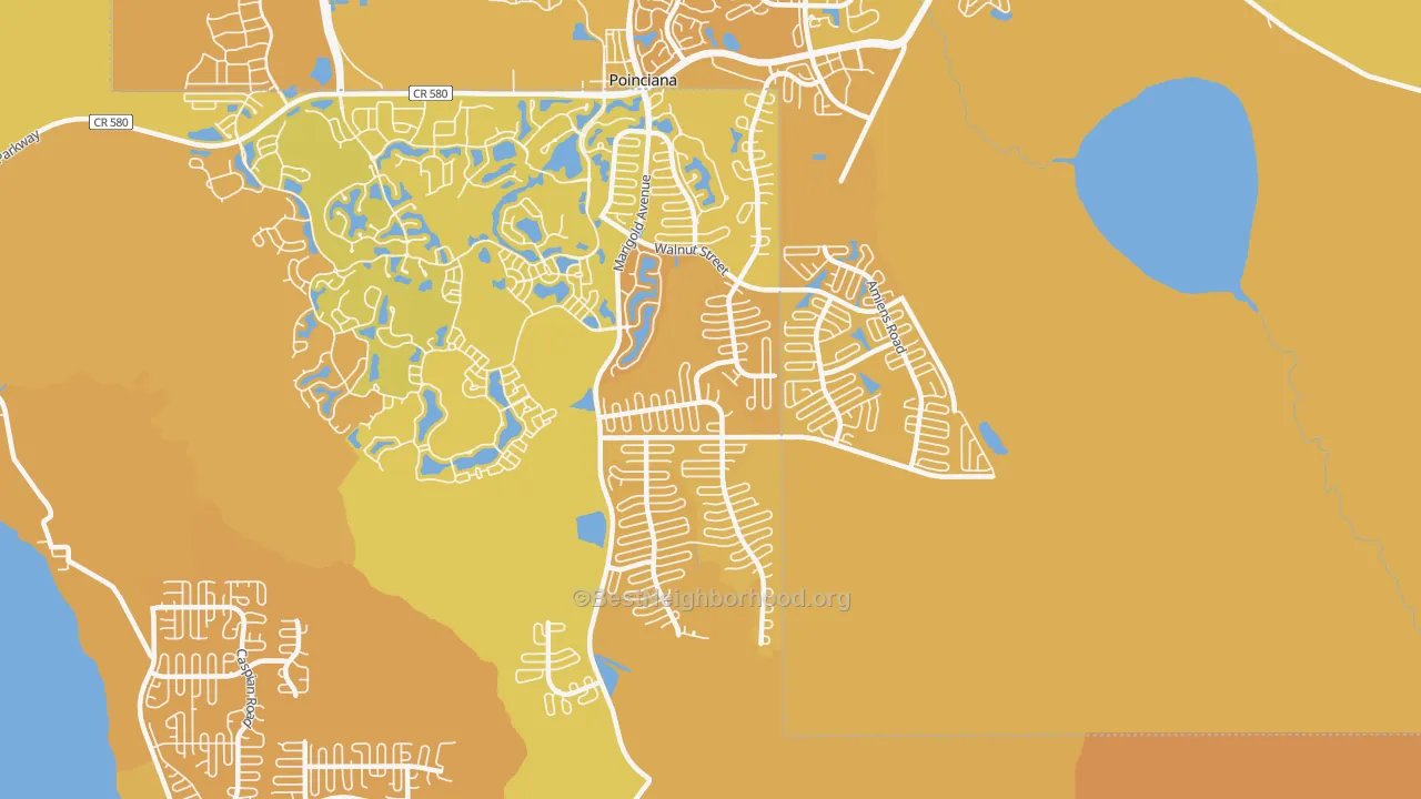 Map of the best neighborhoods in the Poinciana-Village 3, Poinciana area, with better matches in green and worse matches in red