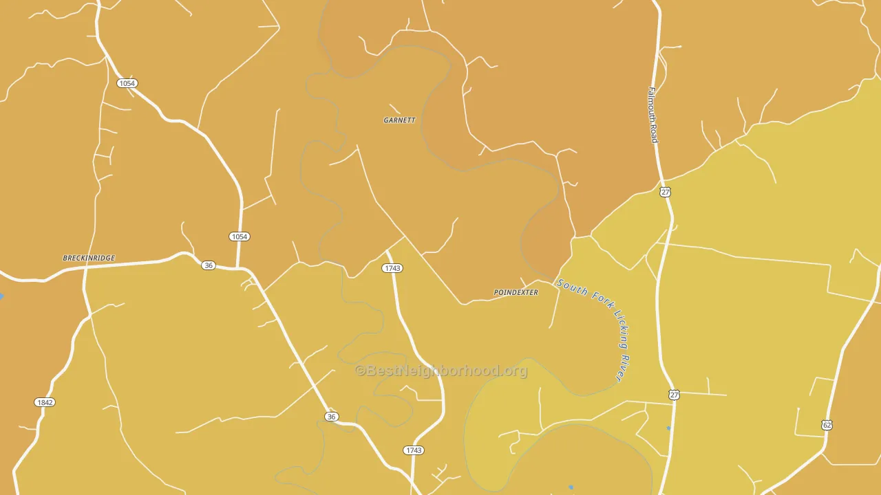 Map of the best neighborhoods in the Poindexter area, with better matches in green and worse matches in red