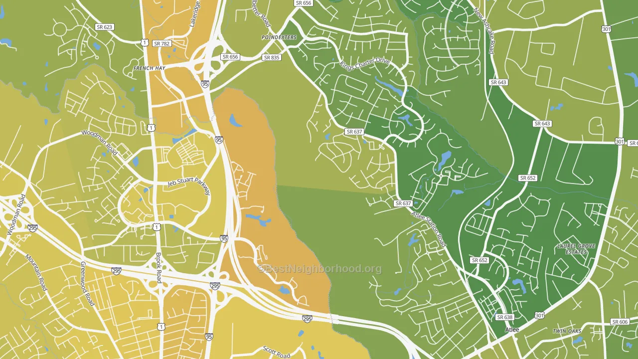 Map of the best neighborhoods in the Poindexters area, with better matches in green and worse matches in red