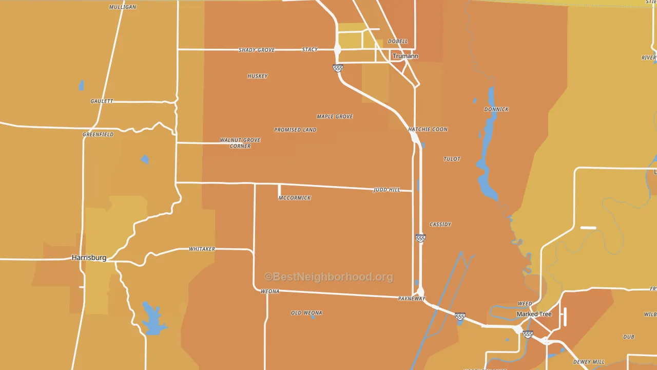 Map of the best neighborhoods in the Poinsett County area, with better matches in green and worse matches in red