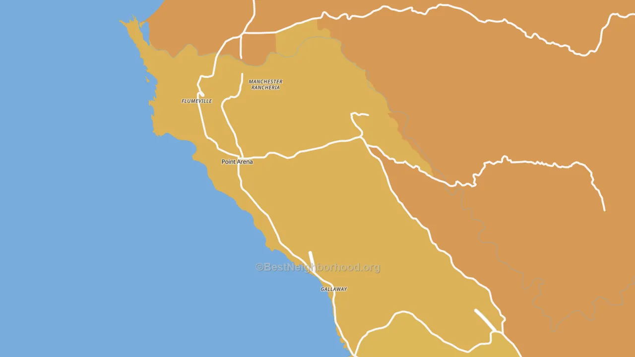Map of the best neighborhoods in the Point Arena area, with better matches in green and worse matches in red