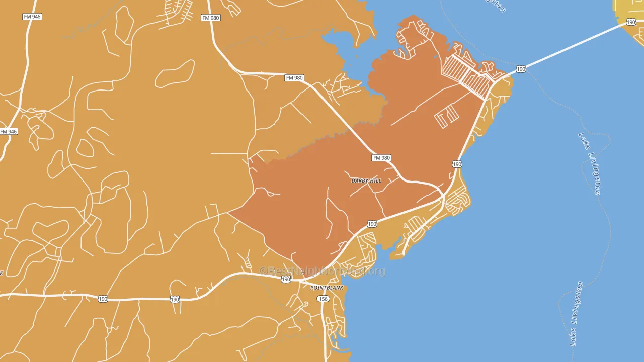 Map of the best neighborhoods in the Point Blank area, with better matches in green and worse matches in red