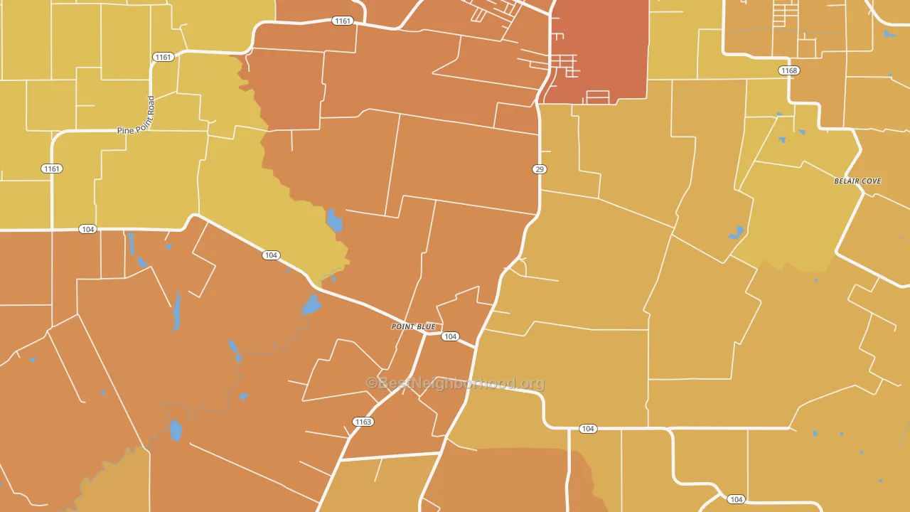 Map of the best neighborhoods in the Point Blue area, with better matches in green and worse matches in red