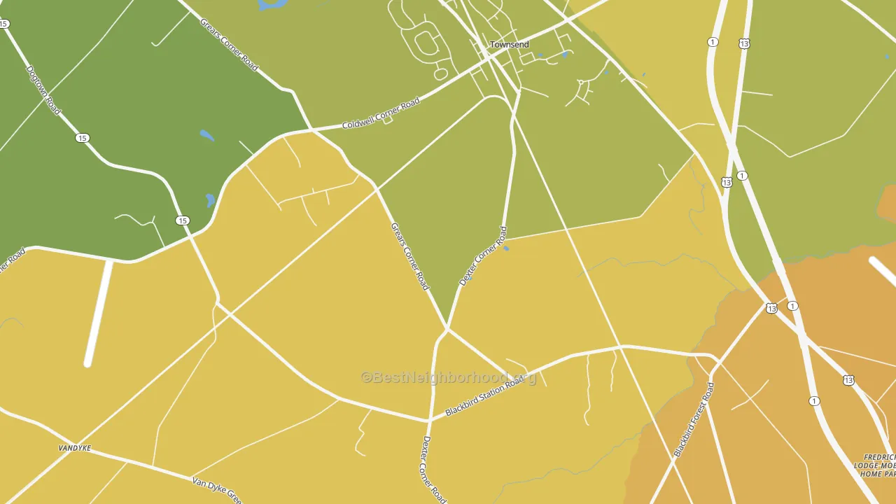 Map of the best neighborhoods in the Point Breeze area, with better matches in green and worse matches in red